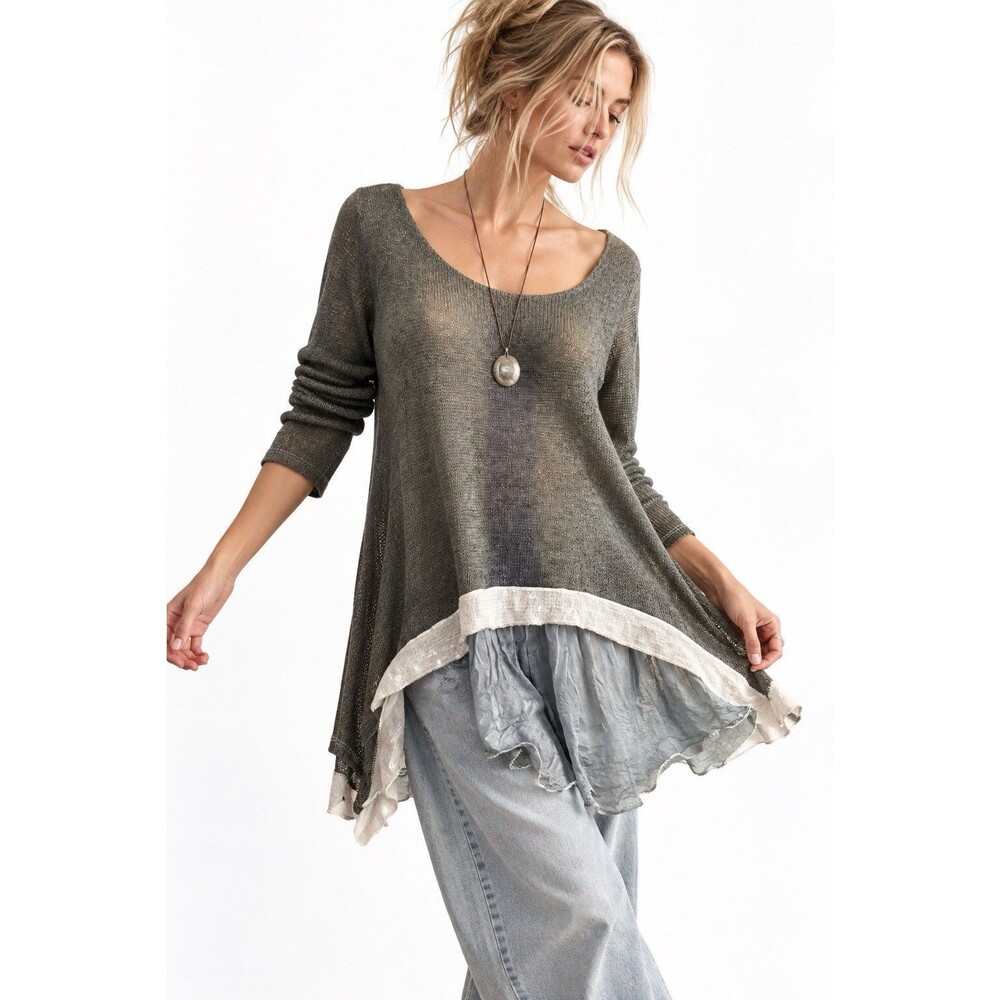 Belle France Made in Italy 100% Silk Layered Lagenlook Tunic Top Gray M